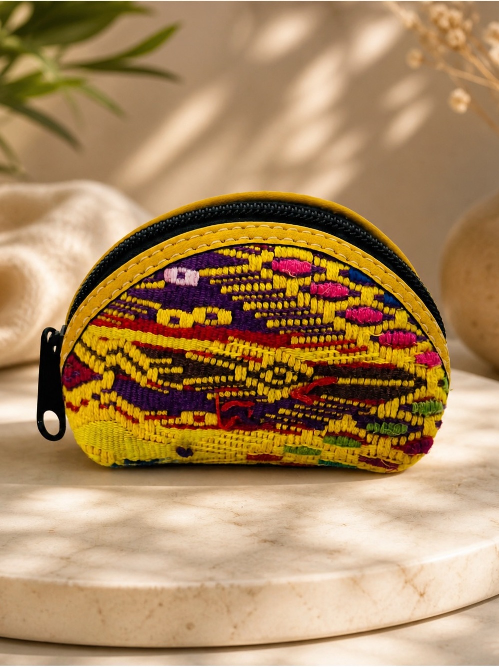 Handwoven Guatemalan Coin Purse – Yellow & Purple Artisan Zip Pouch